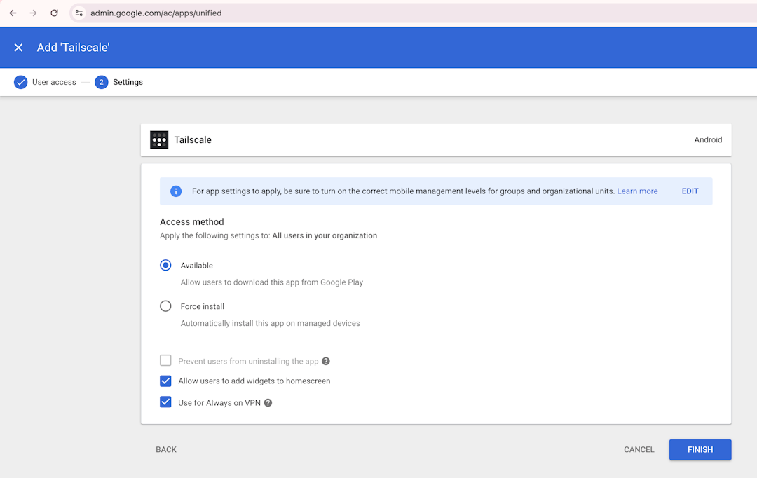 The Settings configuration for Tailscale in Google Workspace