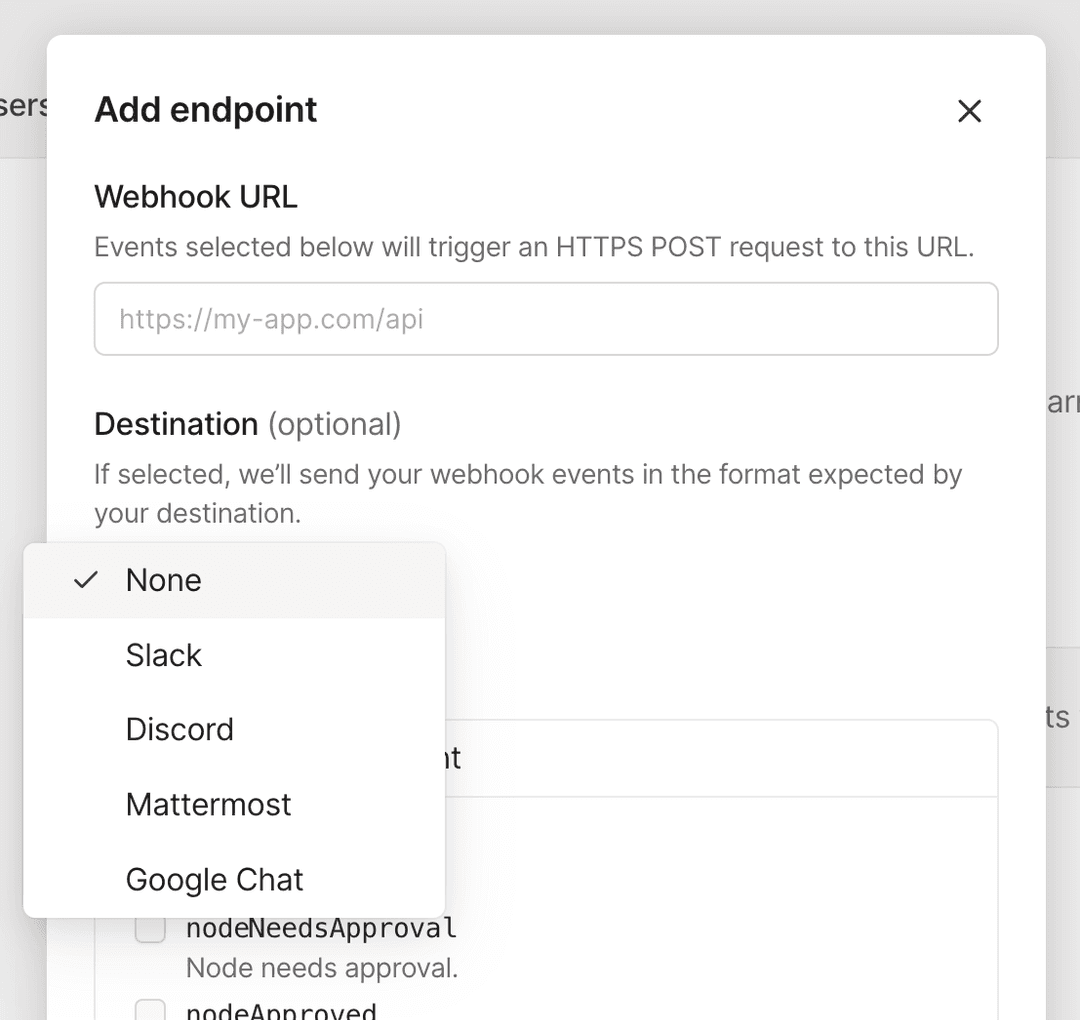 The webhooks 'Webhook URL' UI in the admin console