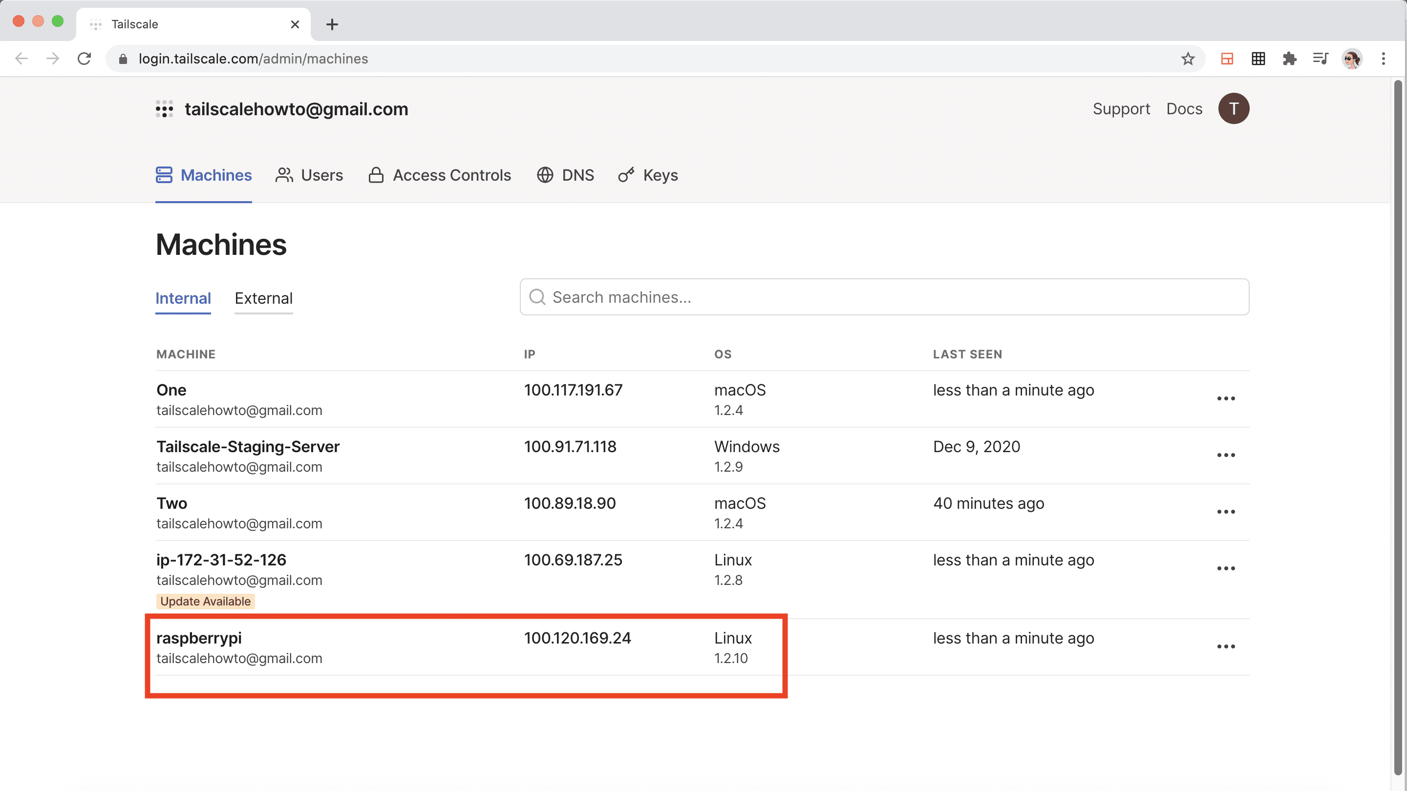 A screenshot of the Tailscale admin console's machines page, showing that the Raspberry Pi is on the Tailscale network and has been authorized.