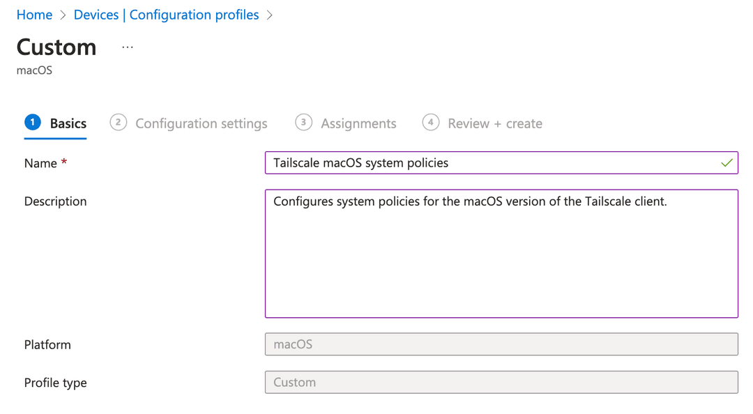 Set name and description for a custom configuration profile.