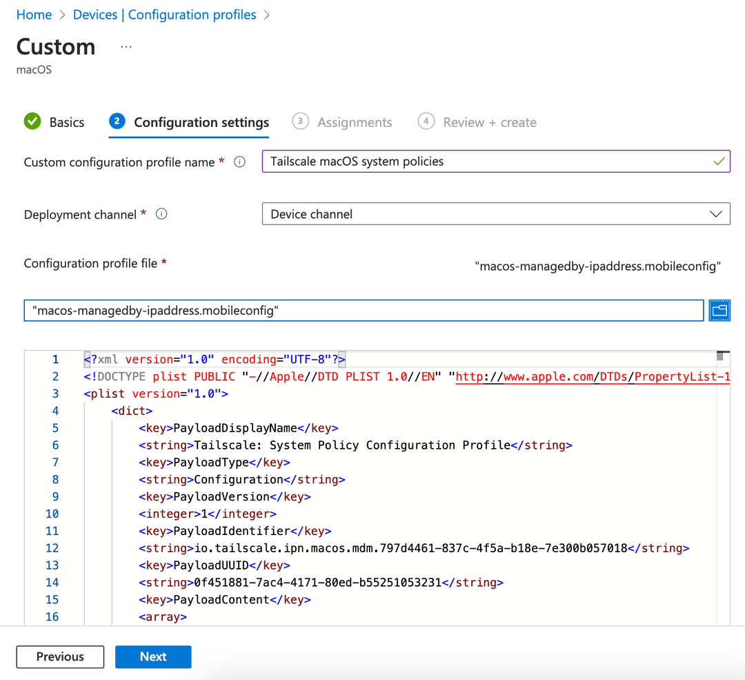 Upload the .mobileconfig file previously created.