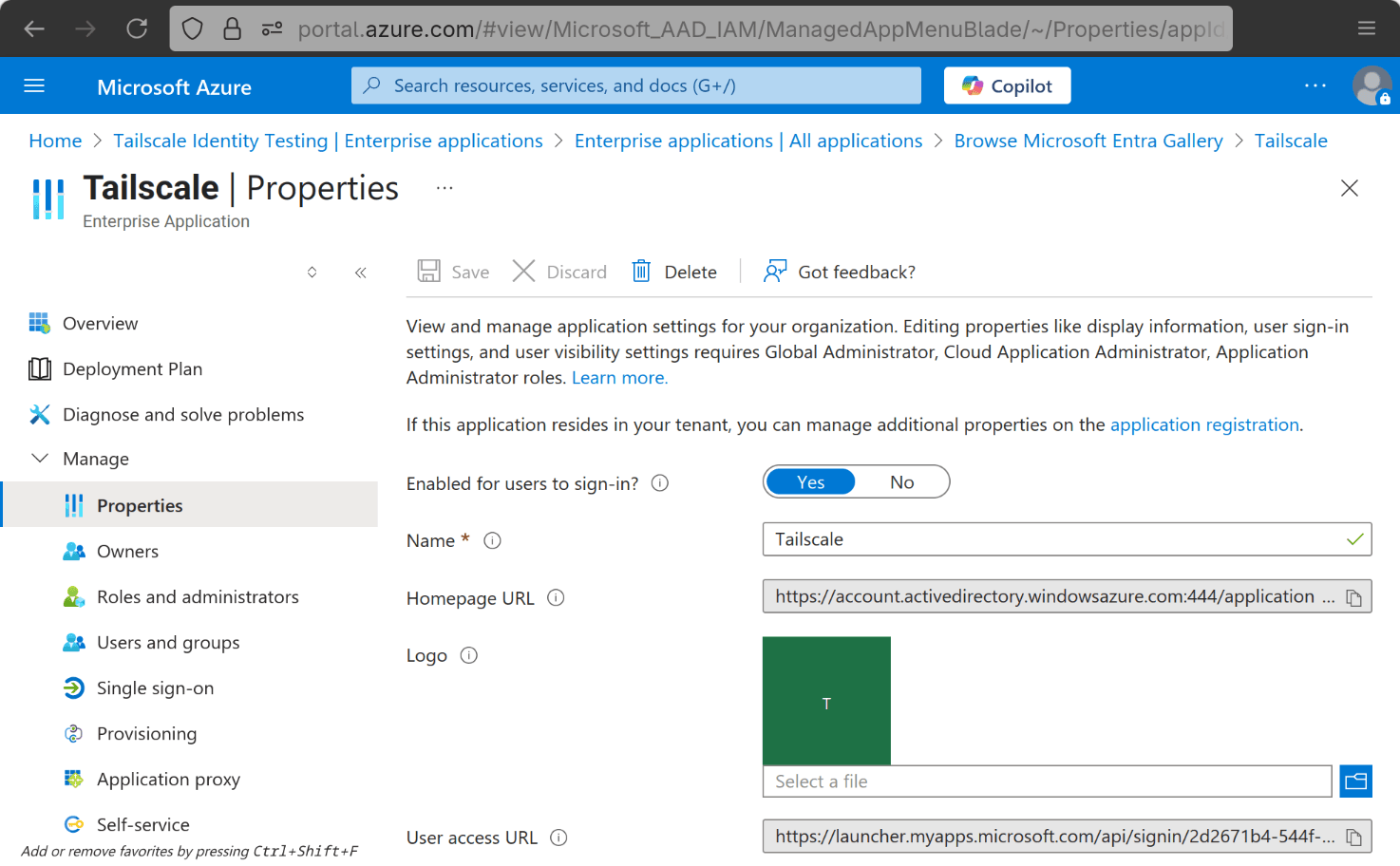 The application 'Properties' page.