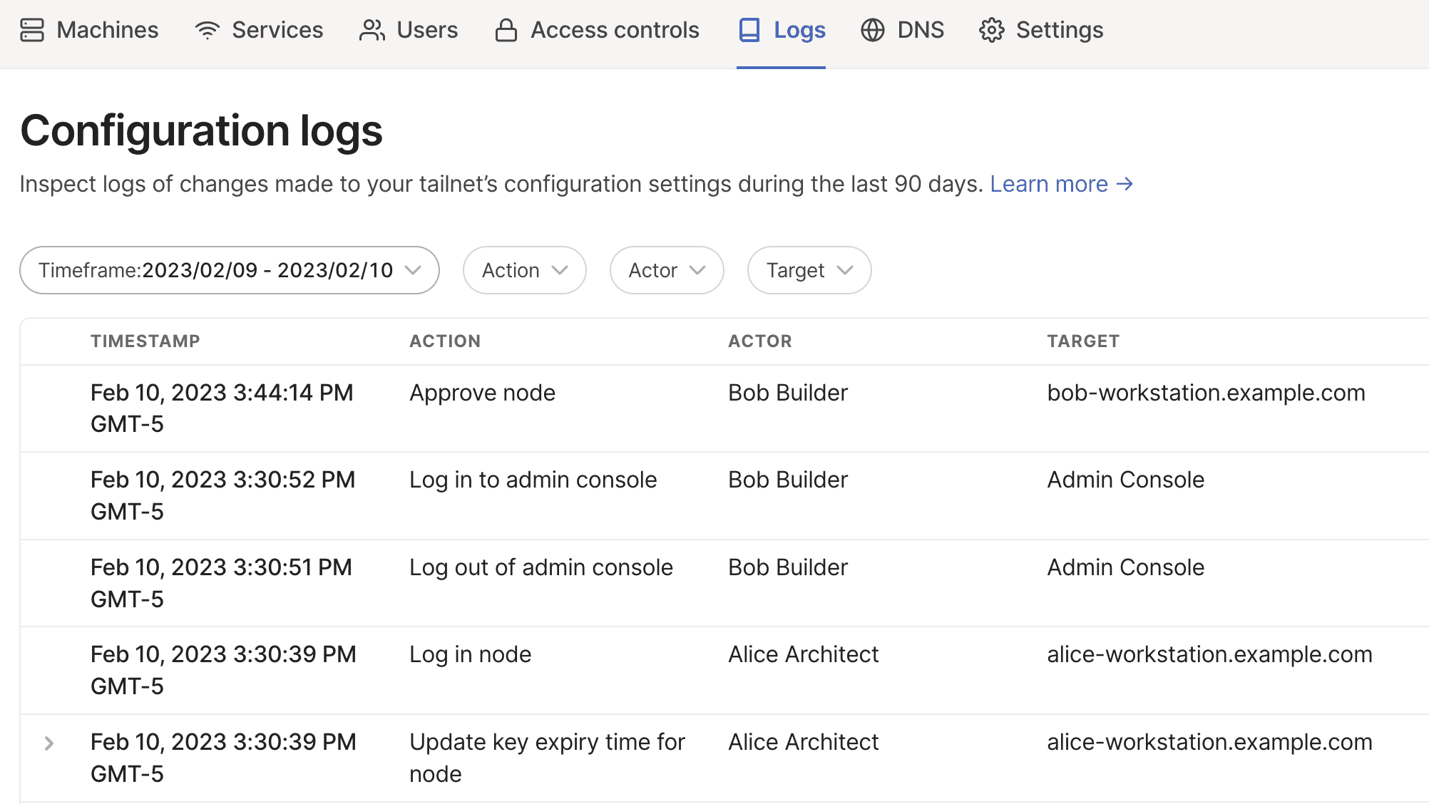 A screenshot of the configuration audit log page