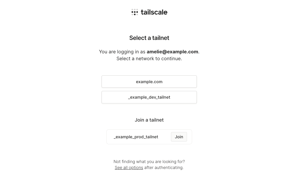 An example of Tailscale's authentication flow that lets the user select from multiple tailnets that their user login can access. The tailnets listed are example.com and _example_dev_tailnet. The 'Join a tailet' field contains a third tailnet, _example_prod_tailnet.