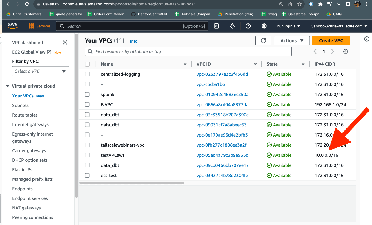 A screenshot of the AWS VPC page showing a CIDR range.