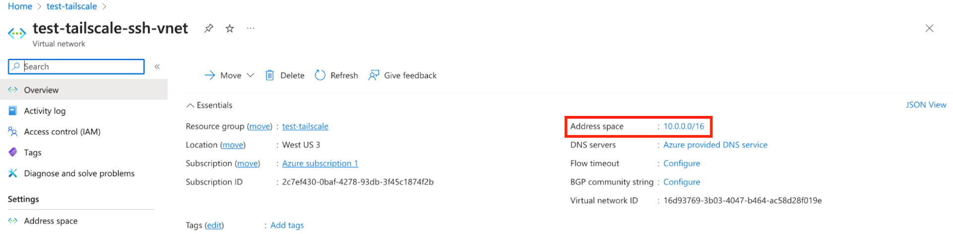 A screenshot of the Azure virtual network page showing a CIDR range.