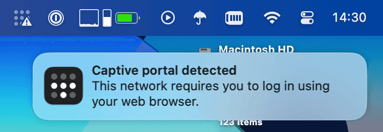 Notification informing the user about the presence of a captive portal on macOS