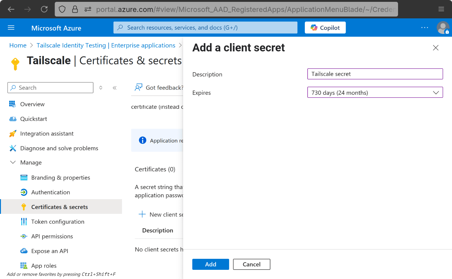 The 'Add a client secret' modal.