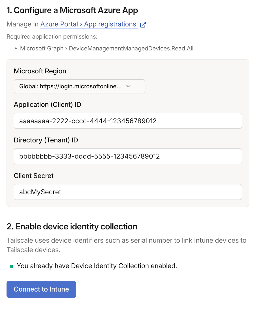 The configuration screen for connecting to Intune from the Tailscale admin console.