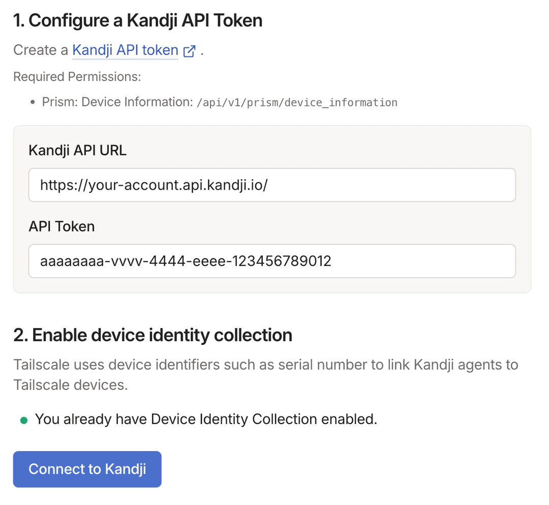 The configuration screen for connecting to Kandji from the Tailscale admin console.