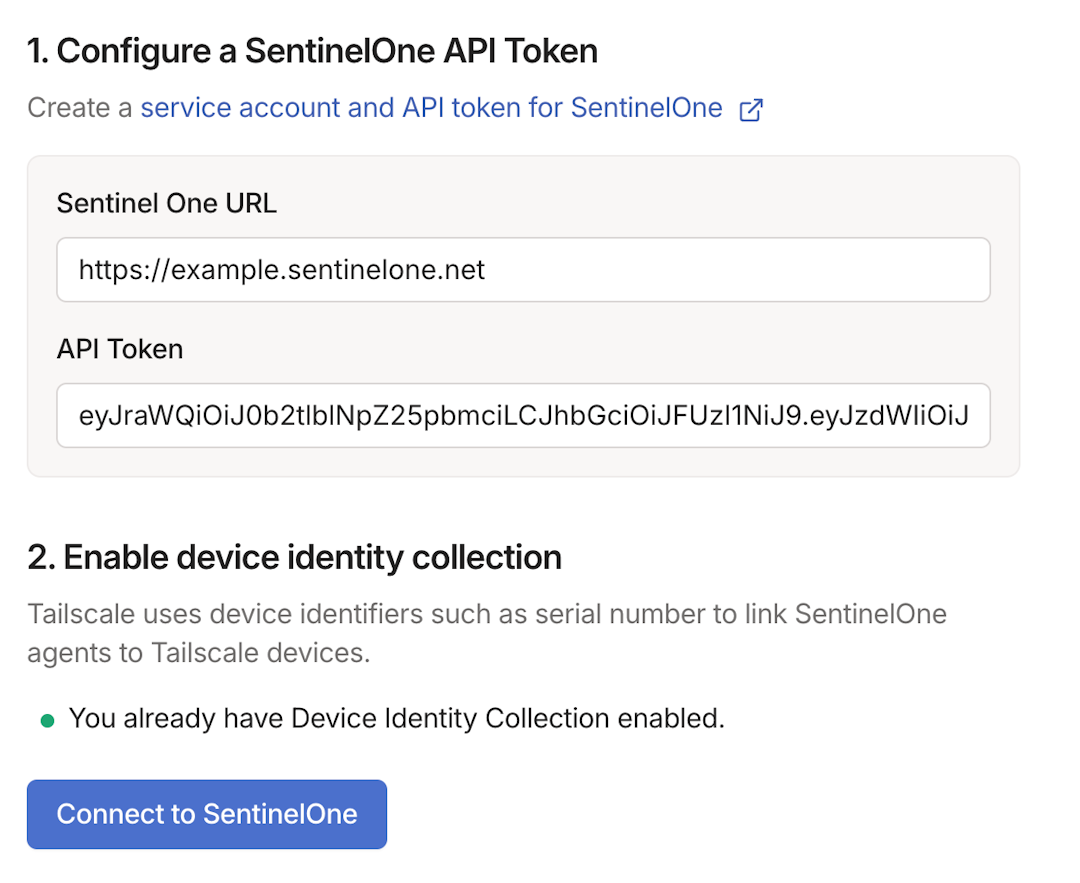 The configuration screen for connecting to SentinelOne from the Tailscale admin console.