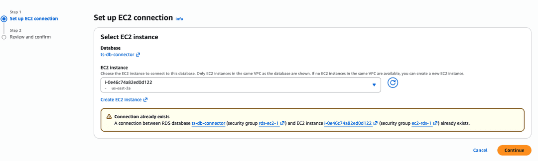 Continue the steps until the EC2 instance and the RDS cluster are connected.