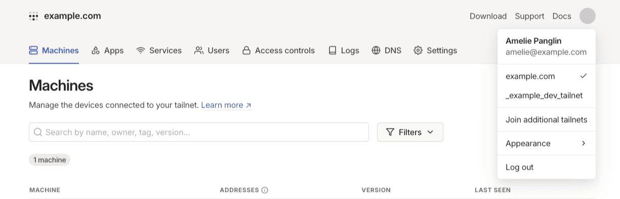 The Tailscale admin console with the user menu underneath the user's profile picture expanded. Listing additional tailnets that the user can switch to. As well as an option to join additional tailnets.