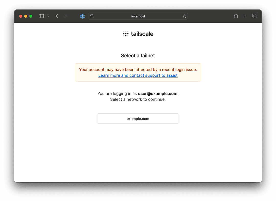 The tailnet selector, showing the duplicate account message
