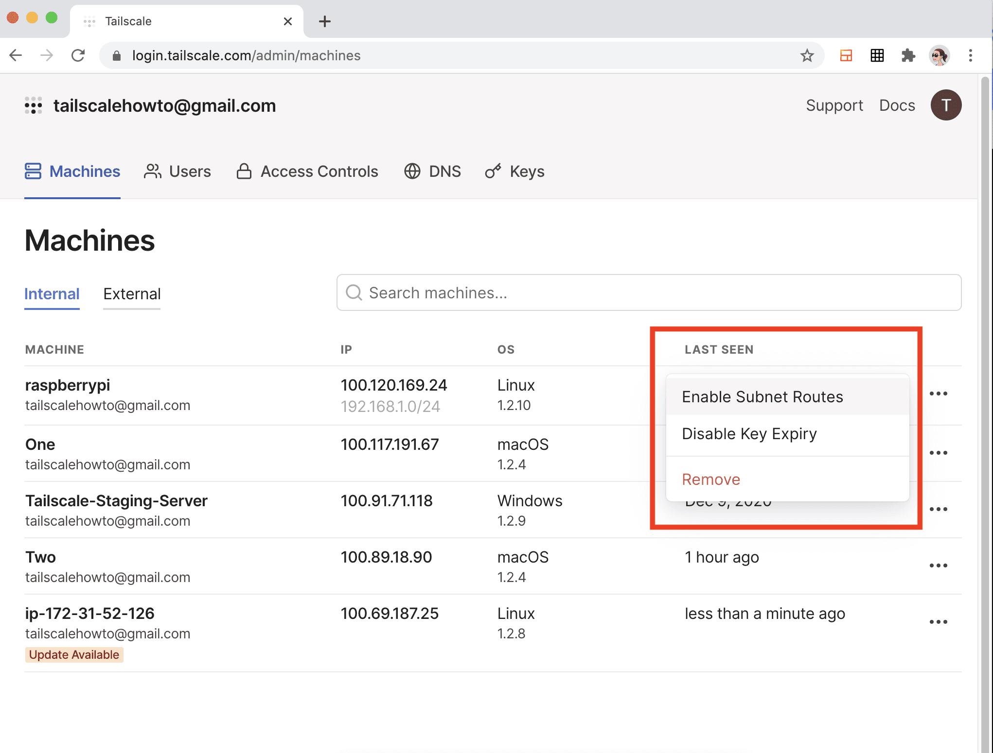 A screenshot of the Tailscale admin page, showing the 'Enable Subnet Routes' menu option.