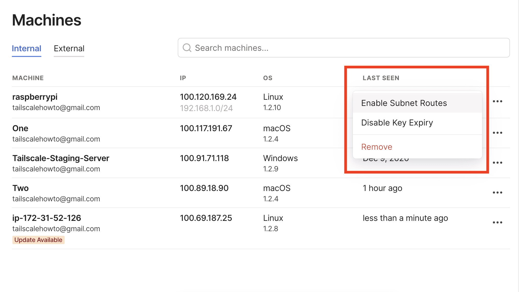 The Machines page of the admin page listing the Raspberry Pi. Highlighting the 'Enable Subnet Routes' menu option.
