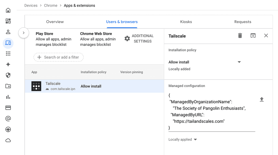 Managed configuration for Tailscale on ChromeOS in Google Workspace