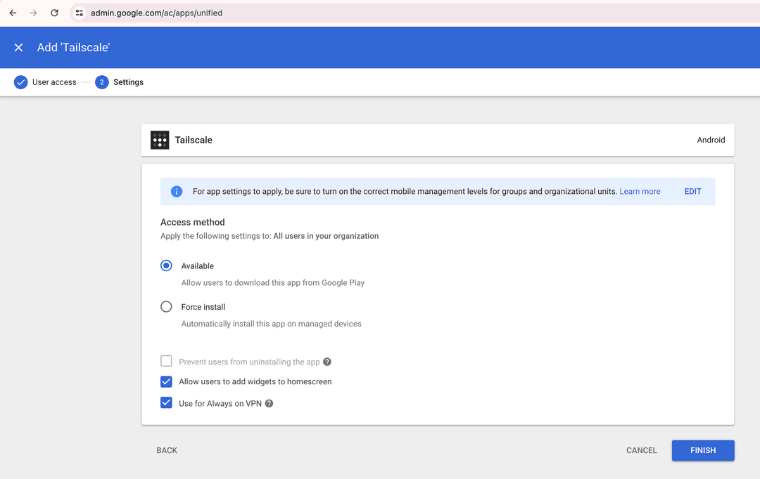 The Settings configuration for Tailscale in Google Workspace