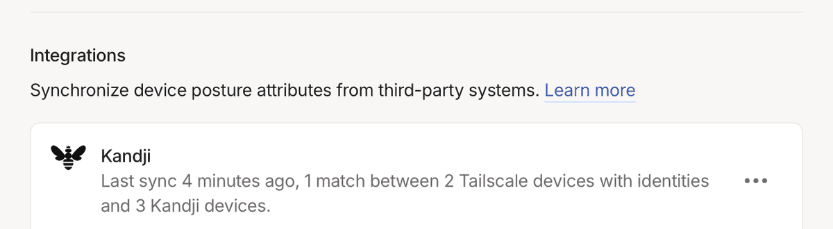 Integrations: Kandji: Last sync 4 minutes ago, 1 match between 2 Tailscale devices with identifies and 3 Kandji devices