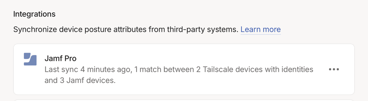 Integrations: Jamf Pro: Last sync 4 minutes ago, 1 match between 2 Tailscale devices with identifies and 3 Jamf devices