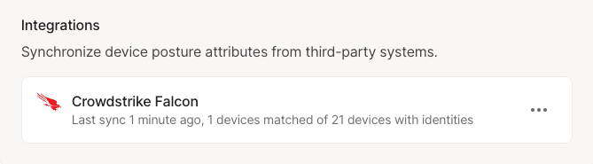 Integrations: CrowdStrike Falcon: Last sync 1 minute ago, 1 devices matched of 21 devices with identities