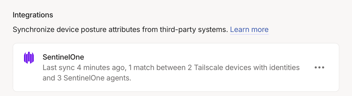 Integrations: SentinelOne: Last sync 4 minutes ago, 1 match between 2 Tailscale devices with identifies and 3 SentinelOne agents.