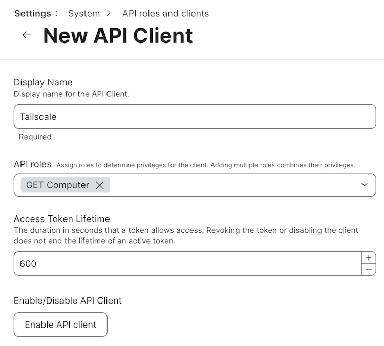 The Jamf Pro Add an API client dialog