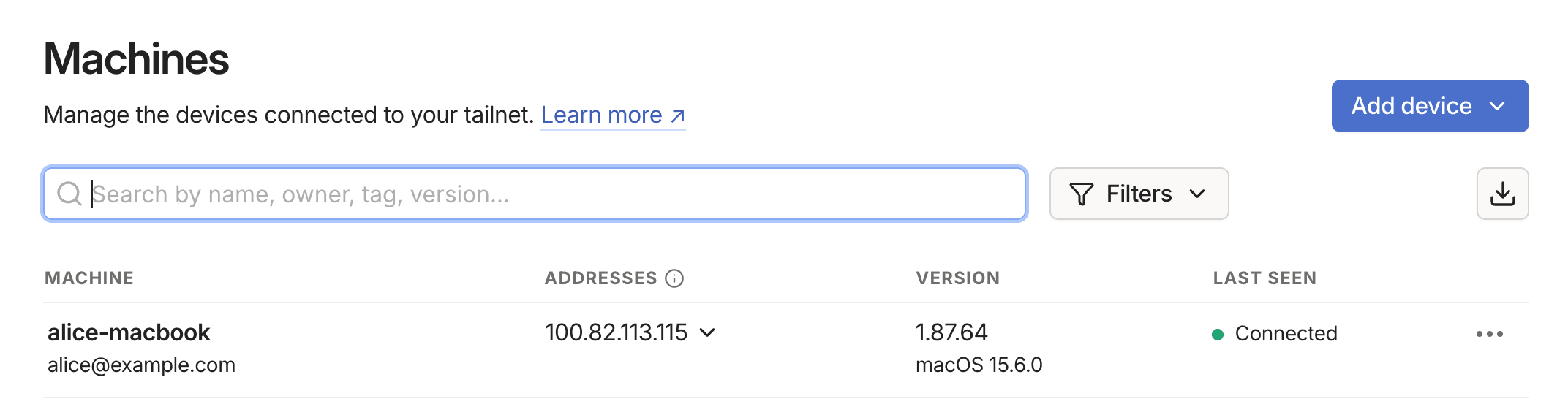 Machines page of the admin console.