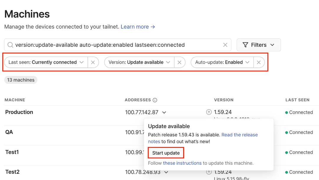 The Machine page displaying the Start update option.