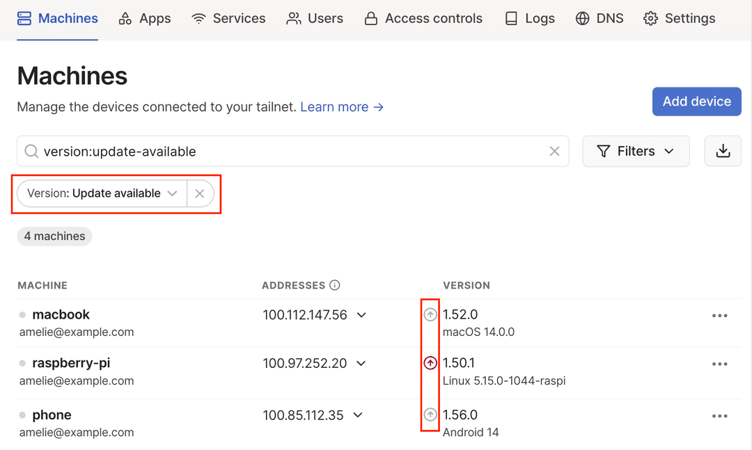 Devices showing the Tailscale client and filtered by available updates.