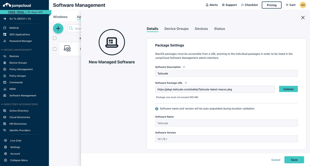 The view to enter the software package URL in the JumpCloud MDM admin console.