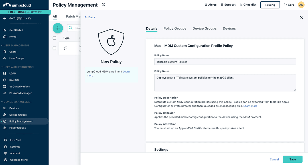 The view to choose a profile title and description in the JumpCloud MDM admin console.