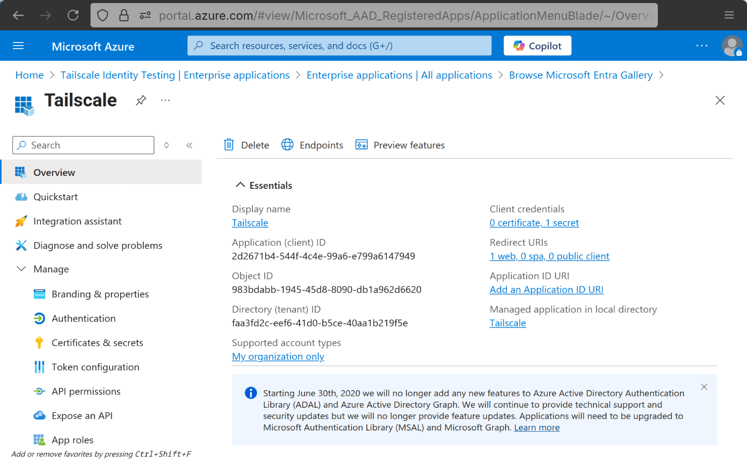 The 'Application overview' page detailing the name, secret, redirect, Application ID, Object ID, and Directory ID.