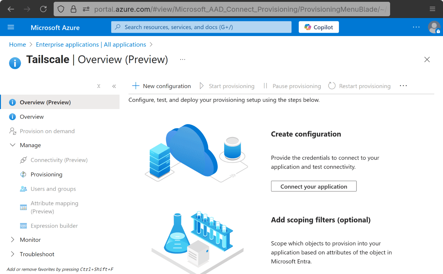 The application overview preview page with Provisioning in the sidebar.