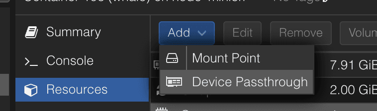 User interface for enabling Device Passthrough.