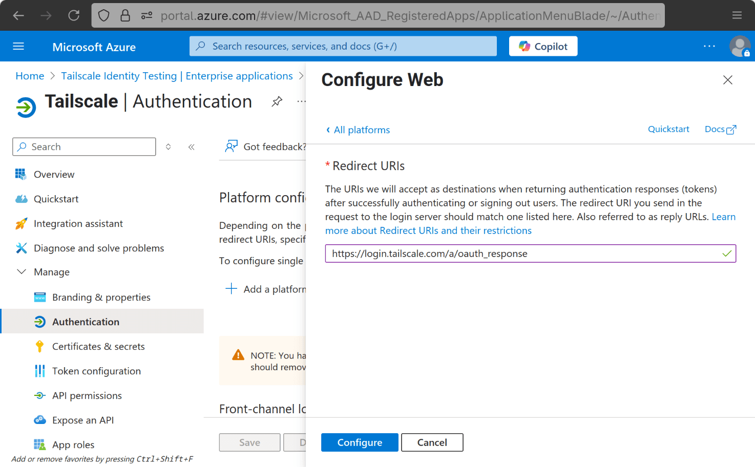 The 'Configure Web' 'Redirect URIs' modal.