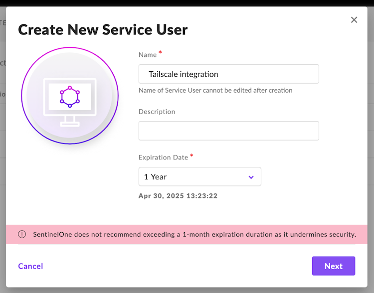 The SentinelOne Create New Service User dialog