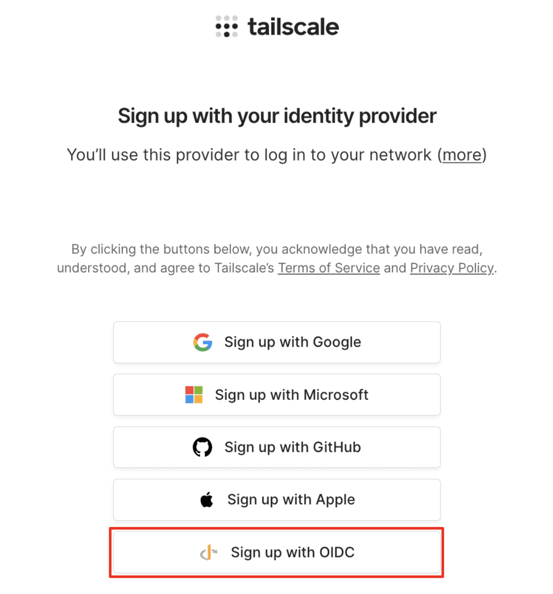 Select OIDC when signing up to Tailscale