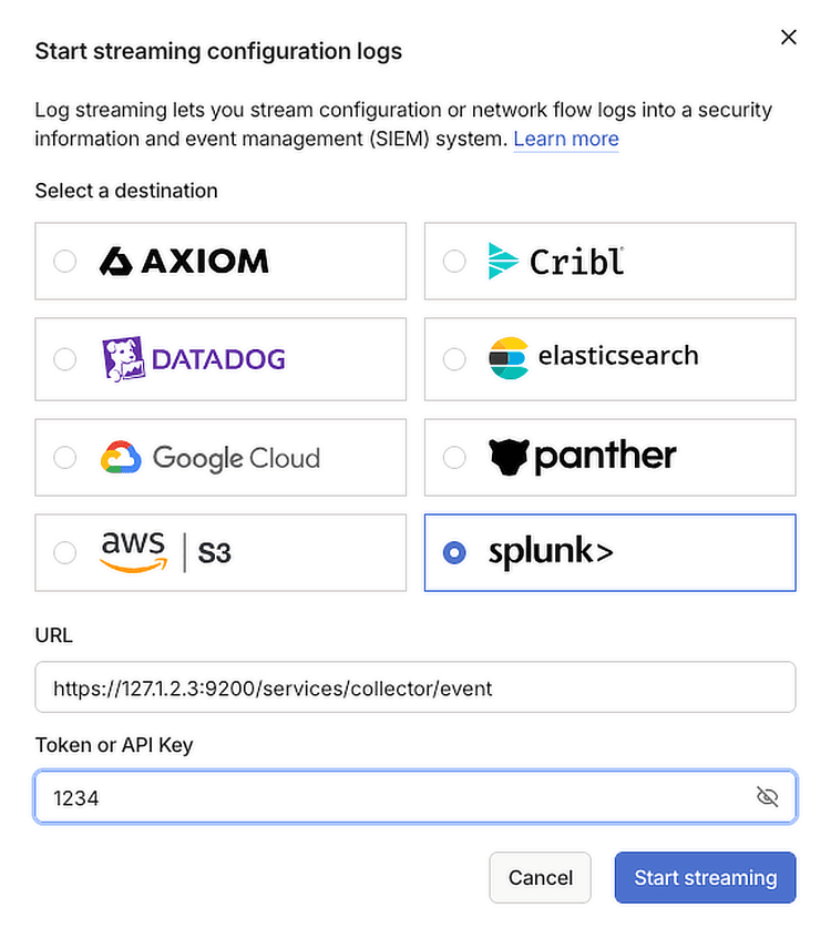 The 'Start streaming configuration logs' dialog. Listing several available destinations.