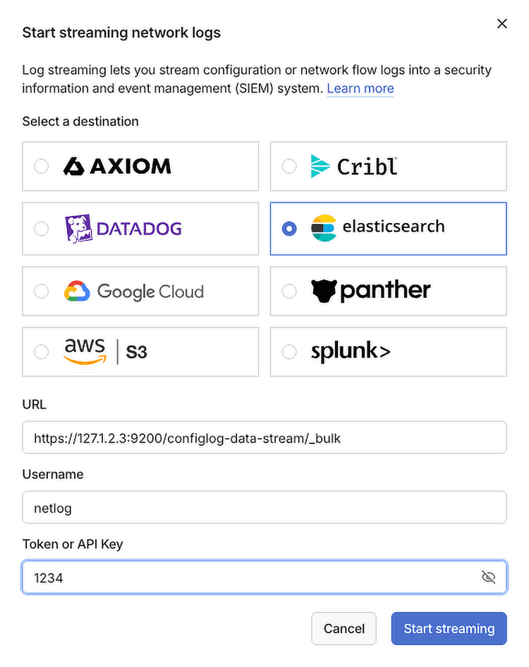 The 'Start streaming network logs' dialog. Listing several available destinations.