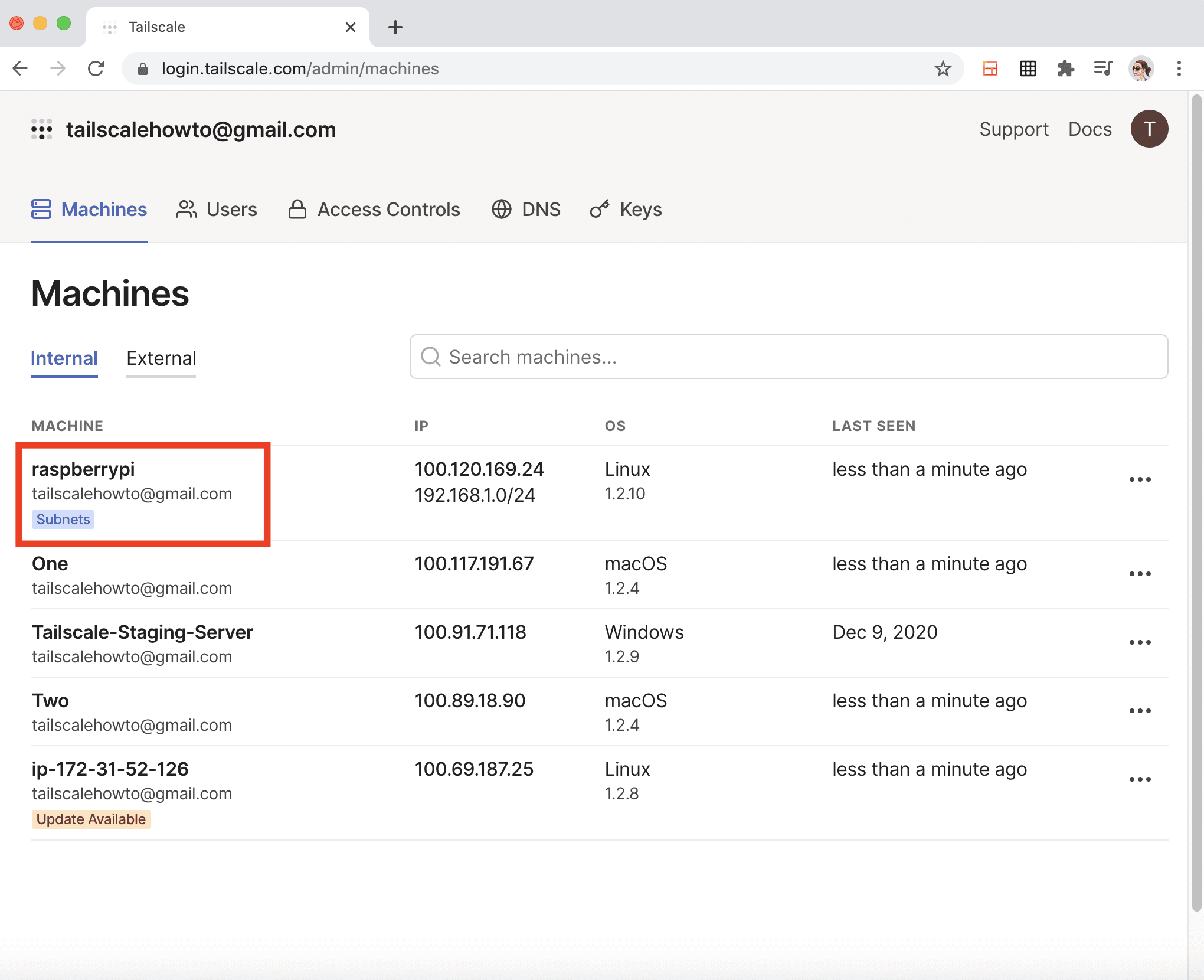 A screenshot of the Tailscale admin page, showing that subnets have been enabled for the Raspberry Pi