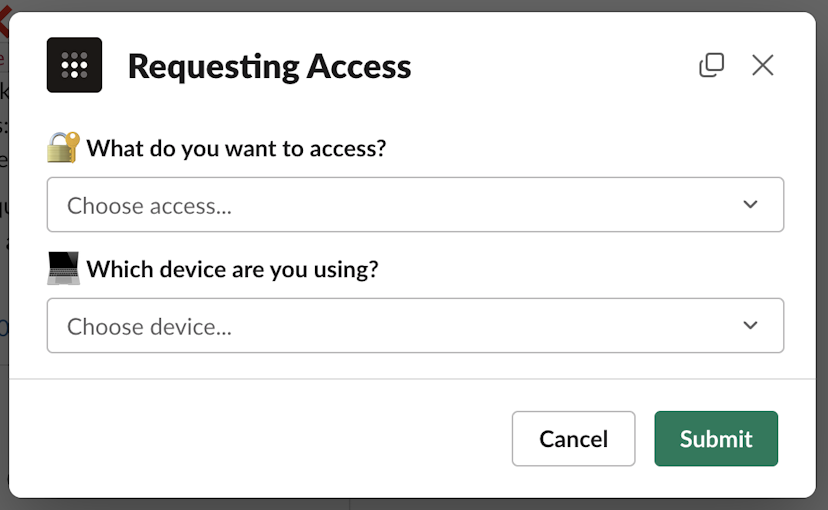 Tailscale Access starting request form in Slack