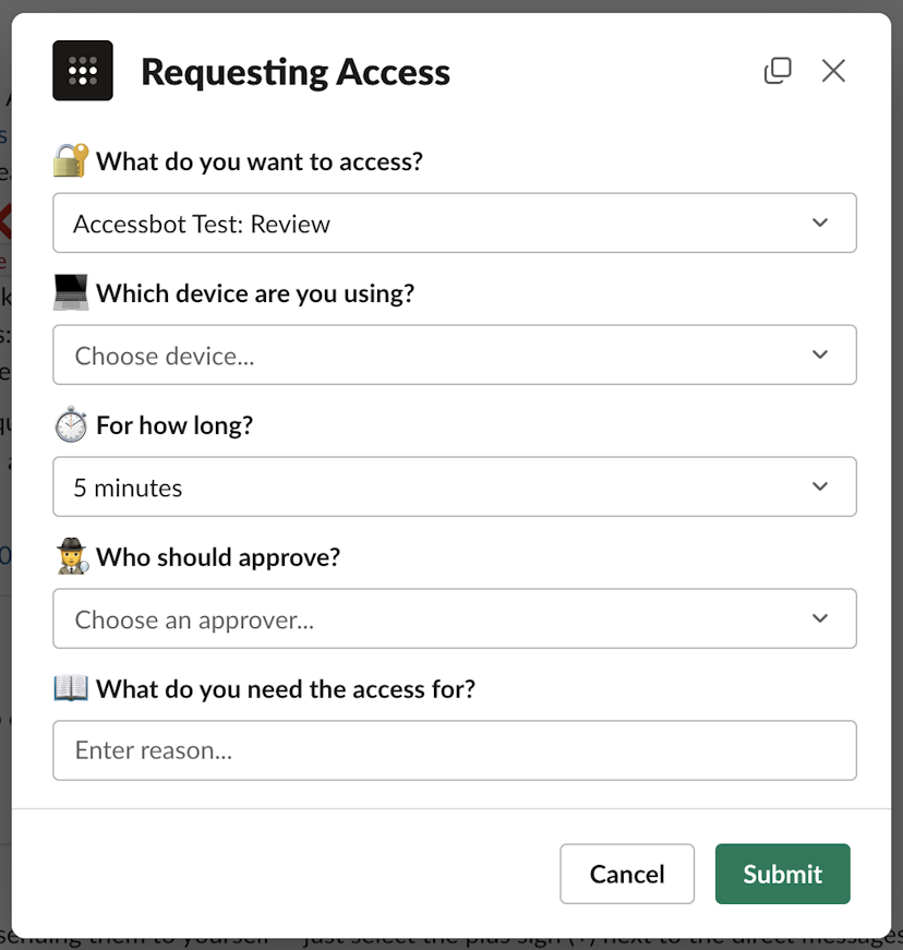 Tailscale Access request access form in Slack