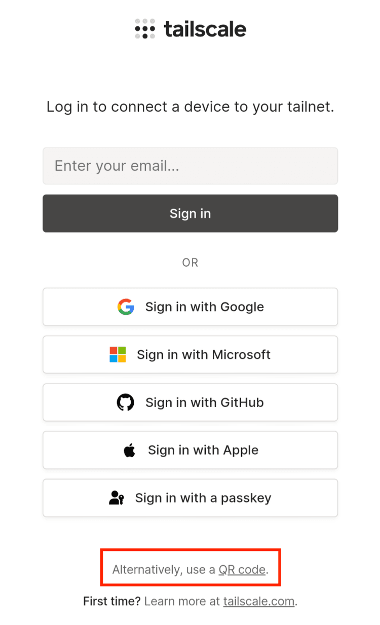 Log in to Tailscale using a QR code.