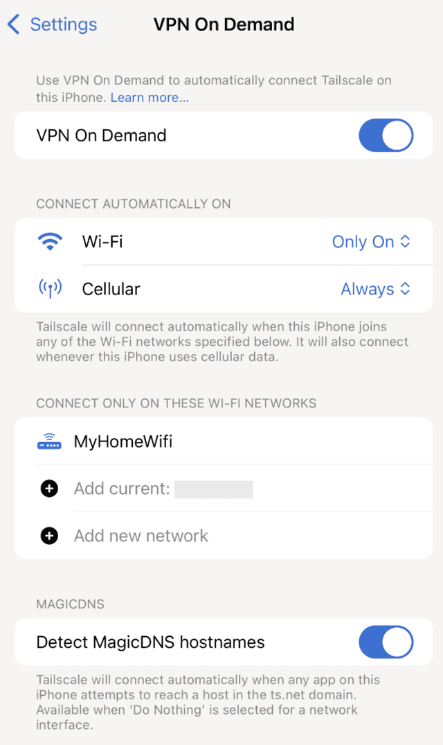 A screenshot of the interface to configure VPN On Demand on iOS.