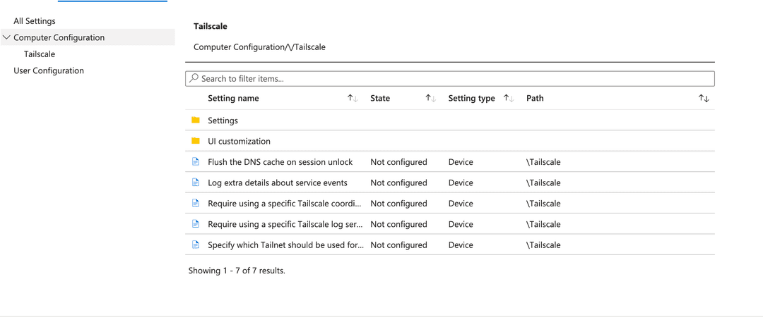 Select the Tailscale settings to browse through available policies and set their values.