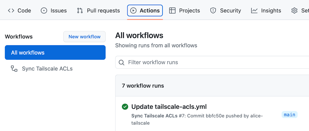 A screenshot of the Sync Tailscale ACLs GitHub Actions workflow.