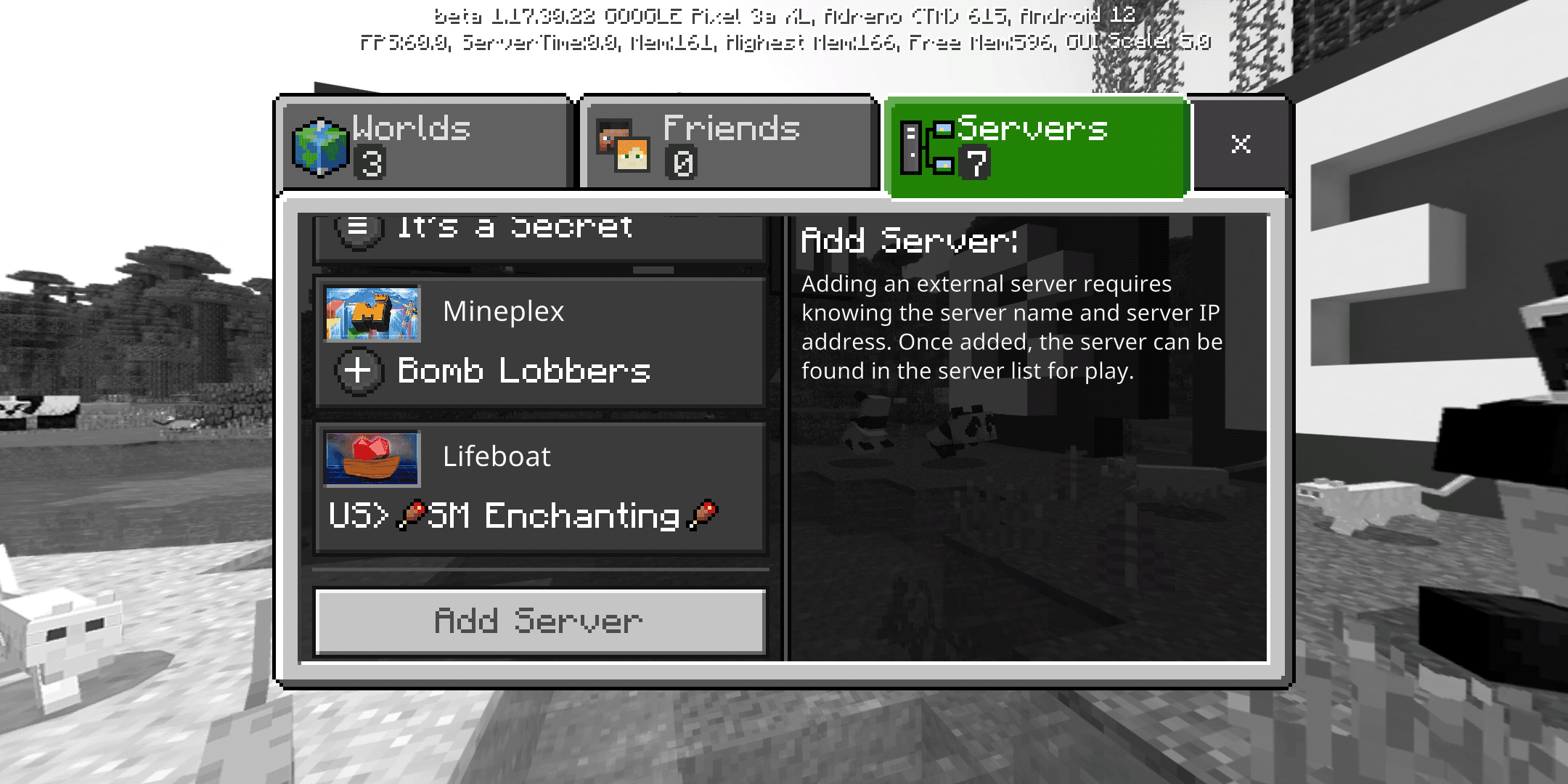 Minecraft Server list scrolled to the bottom with a button to Add Server