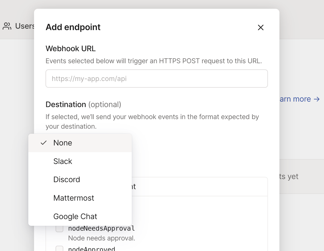 The webhooks 'Webhook URL' UI in the admin console