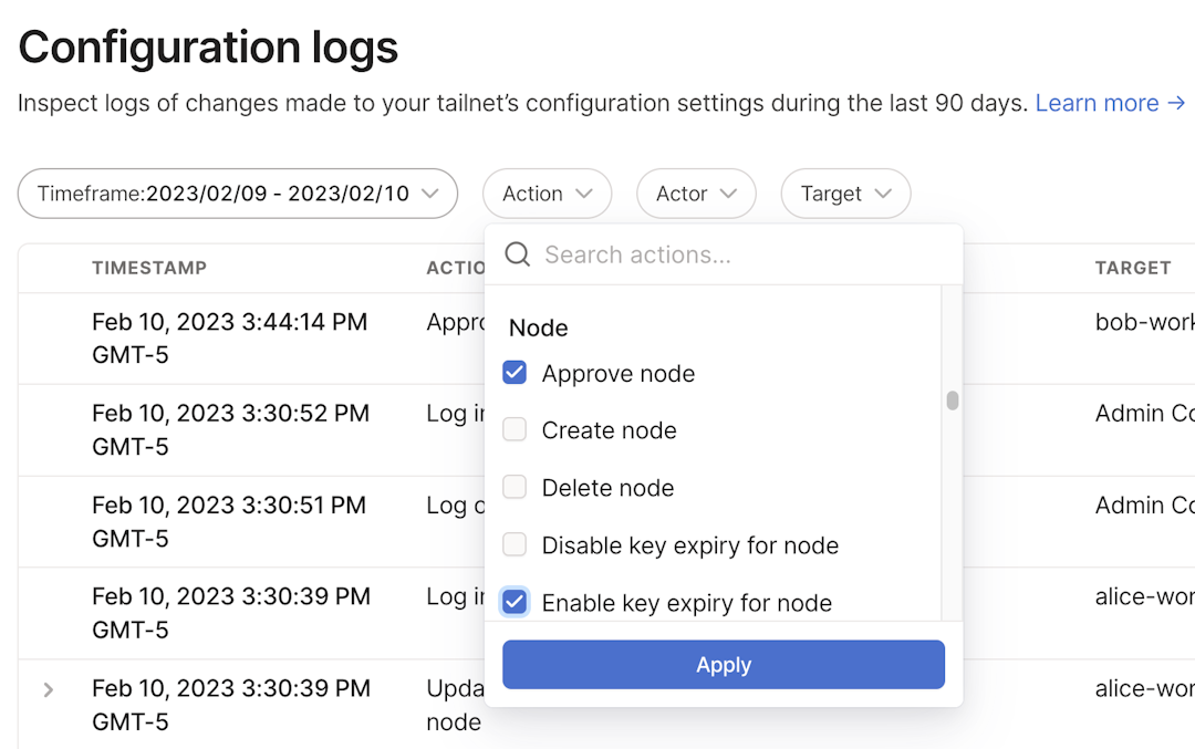 A screenshot of a configuration audit log filter
